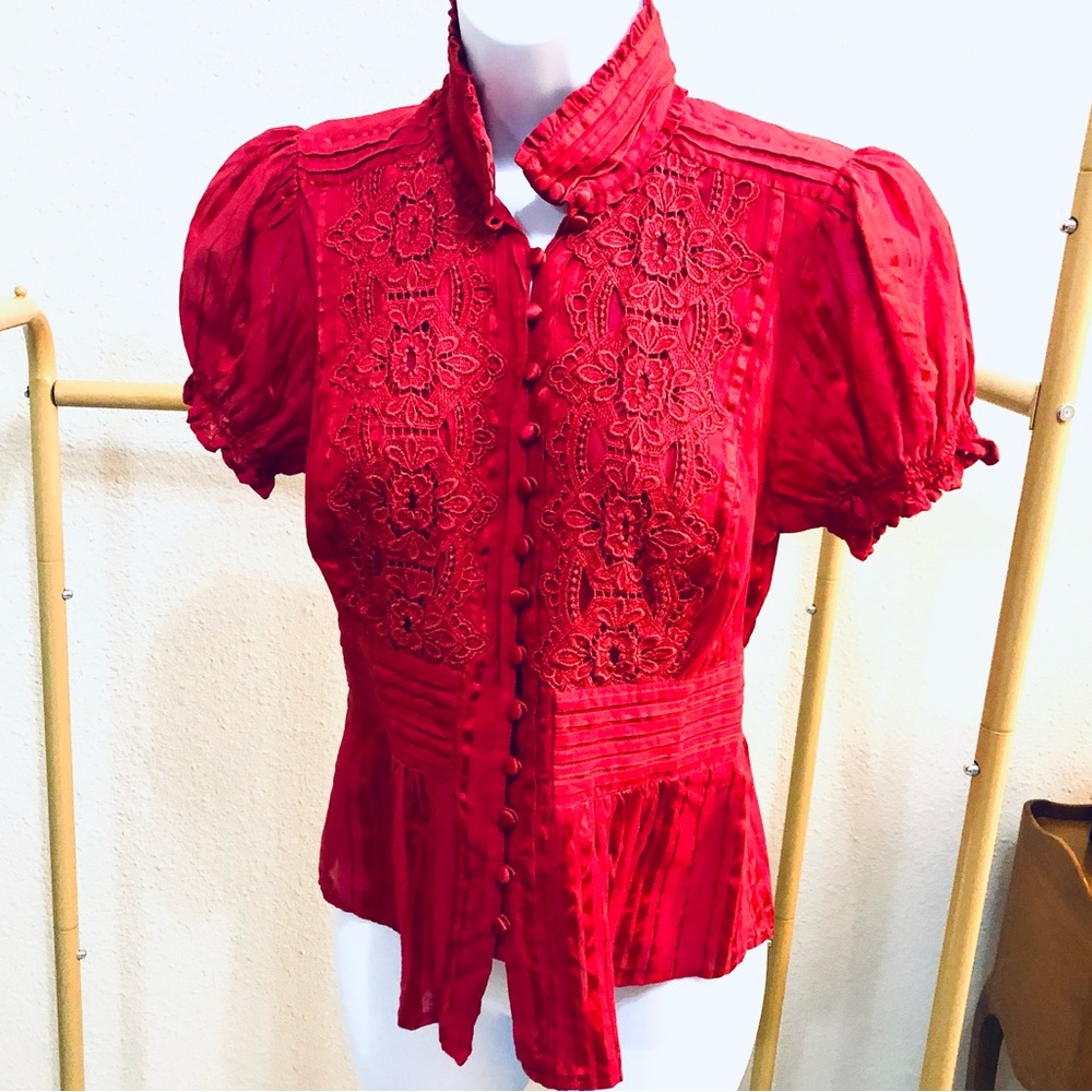 BEBE RED Short Sleeve Button Up Top in Size Medium!